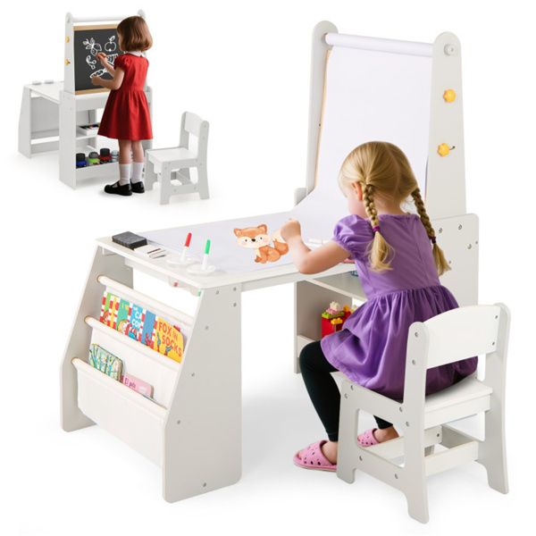 Grey Kids Activity Table with Magnetic Whiteboard/Chalkboard & Paper Roll, Multi-Storage Art Desk for Drawing & Studying