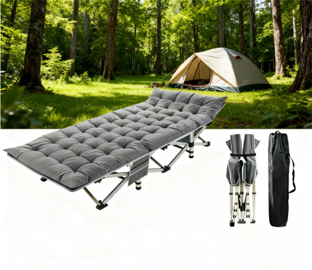 Grey outdoor camping bed with mat and handbag, heavy-duty outdoor bed
