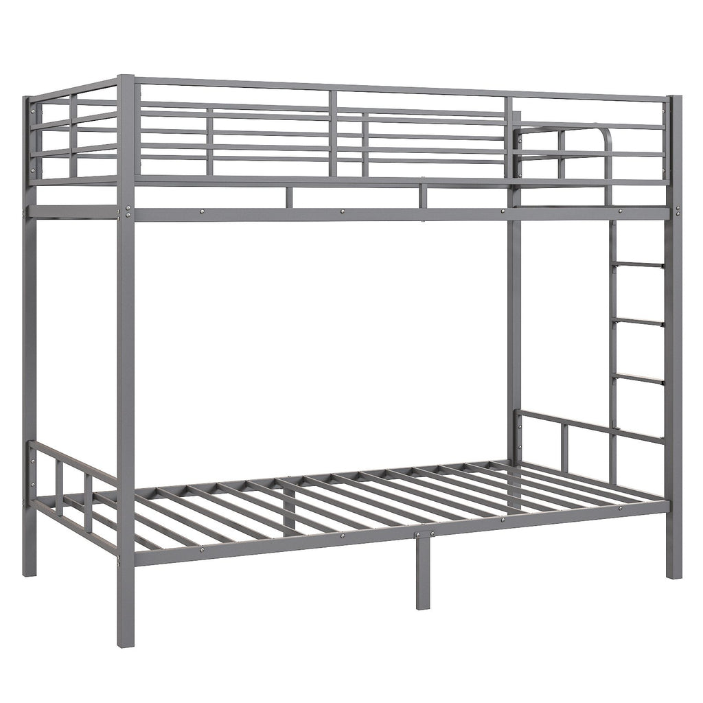 Grey Twin Bunk Bed Square Tube High Guardrail Side Ladder Opening Iron Bed