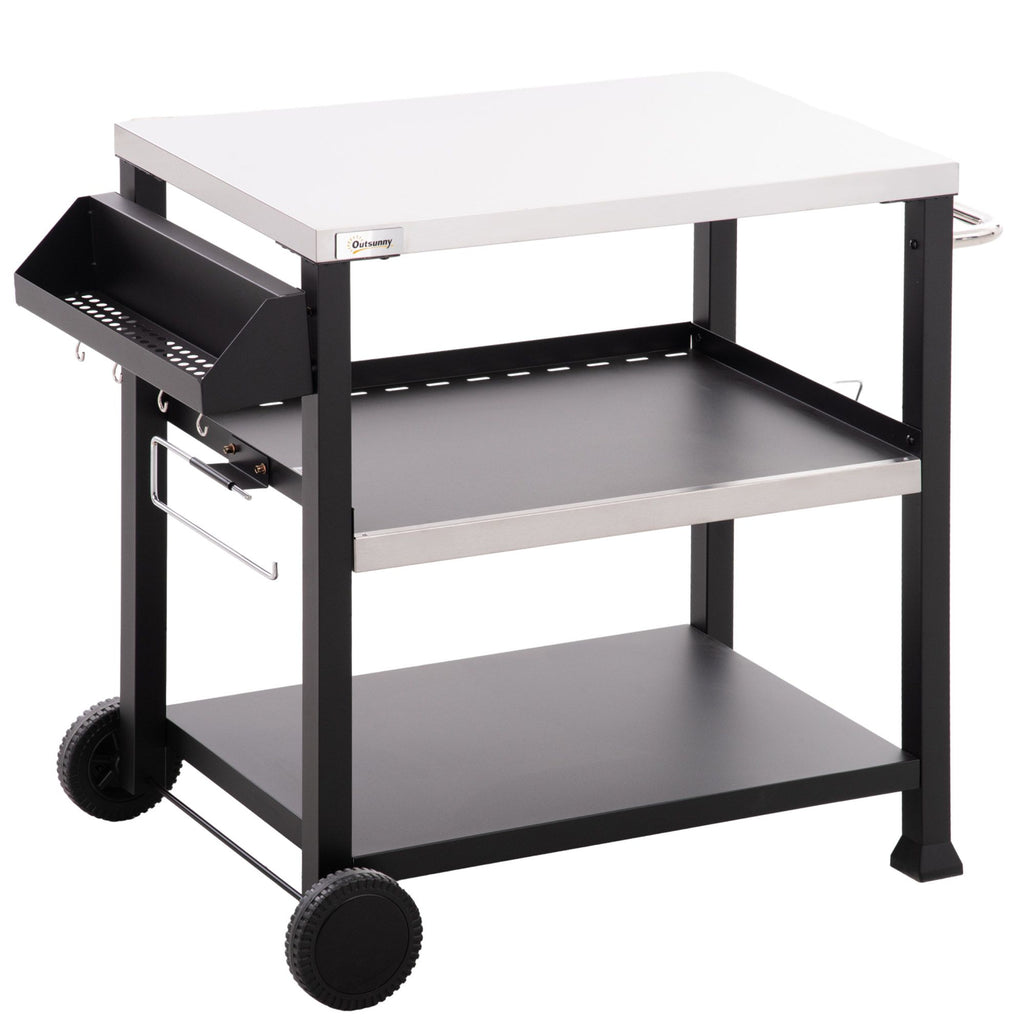 Grill Cart Table Outdoor, 3-Shelf Stainless Steel, Pizza Oven Stand, Black with BBQ Wheels & Side Handle