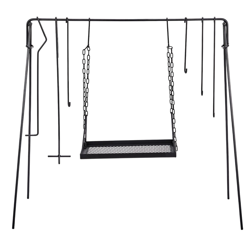 Grill Swing Campfire Grill Stand with Iron Grill Grate, Collapsible Campfire Cooking Rack with Hooks and Carry Bag, Portable Cookware Hanging Rack Outdoor Camping Bonfire for Cookware & Dutch Oven, Bl