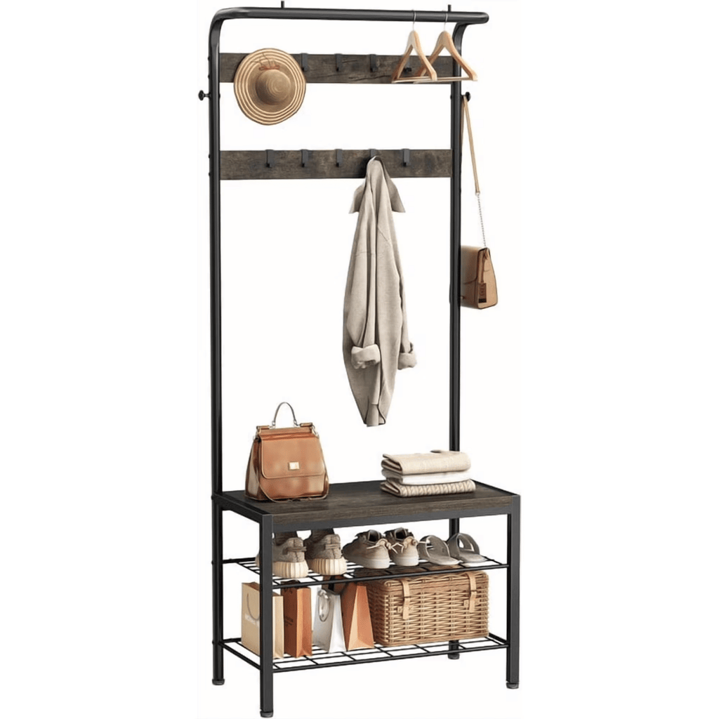 Hall Tree with Shoe Bench and Coat Rack, 4-in-1 Coat and Shoe RackforEntryway, MudroomStorage, Gray