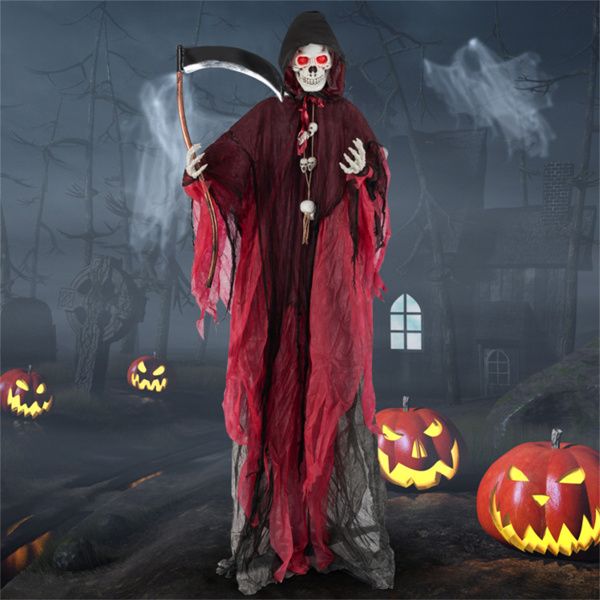 Halloween 8ft Sound-Activated Grim Reaper - Flashing Red Eyes, Scary Sounds, Adjustable Arms, Skeleton/Sickle Details