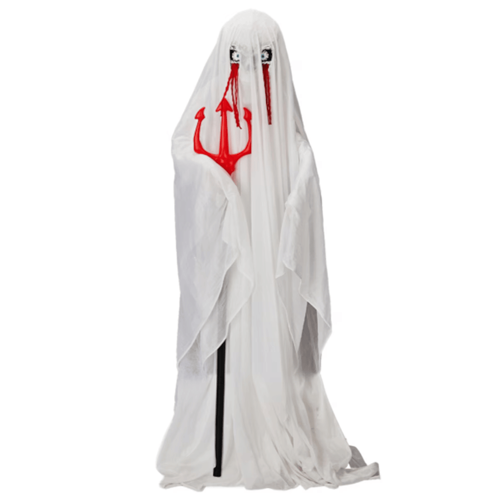 Halloween Animated Decorations - 4.3 FT Sound-Activated Ghost with Trident, Green LED Lights and Creepy Sounds