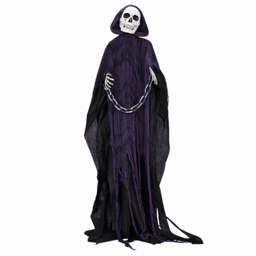 Halloween Animated Decorations - 6 FT Sound-Activated Animatronic Grim Reaper with Chain, Moving Head and Hands, Red LED Eyes