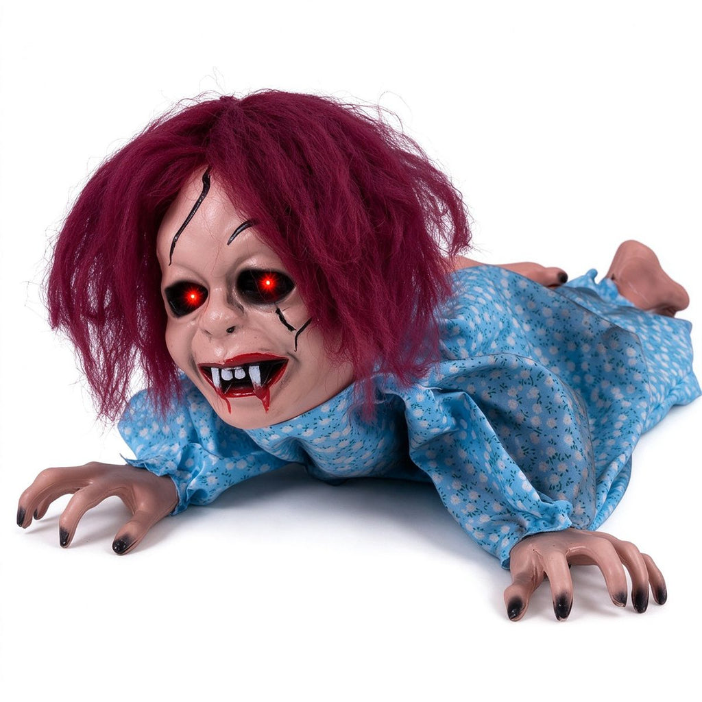 Halloween Animatronic Crawling Girl Prop, Voice Activated with Flashing Red Eyes & Scary Sounds, 28 Inch Life-Size Haunted House Decor for Indoor Covered Outdoor