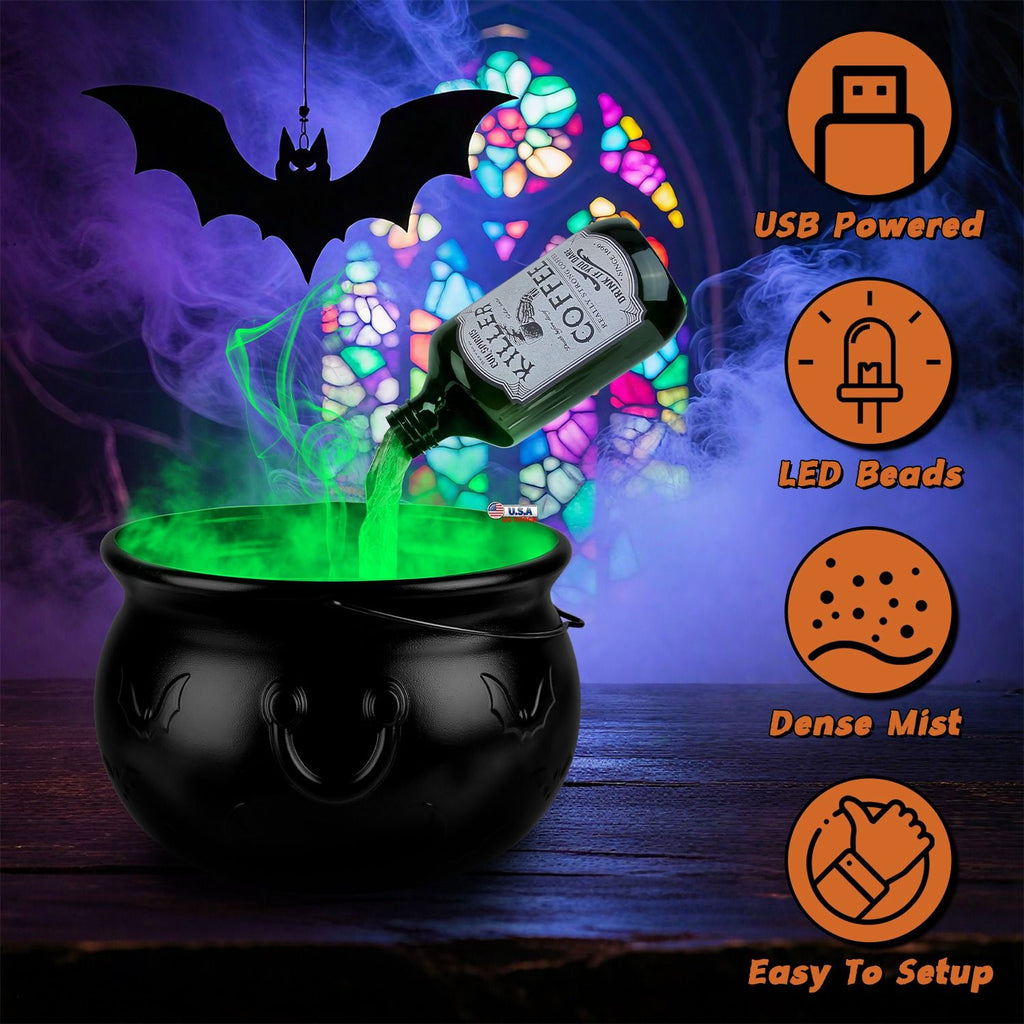 Halloween Floating Potion Bottle Decor with Witch Cauldron - 2-in-1 USB-Powered Green Mist Maker & 4 LED Lights, IPX8 Waterproof, Splash Guard Included, Perfect for Halloween Party, Haunted House, Spo
