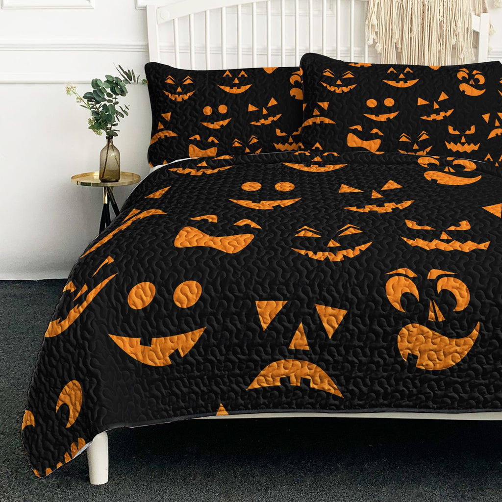 Halloween Pumpkin Face Quilt Set Girly Jack O Lantern Design All Season, Lightweight, Coverlet Bedspread Bedding, 2 Matching Shams, Orange Black, Queen(90"x90"), 3 Piece
