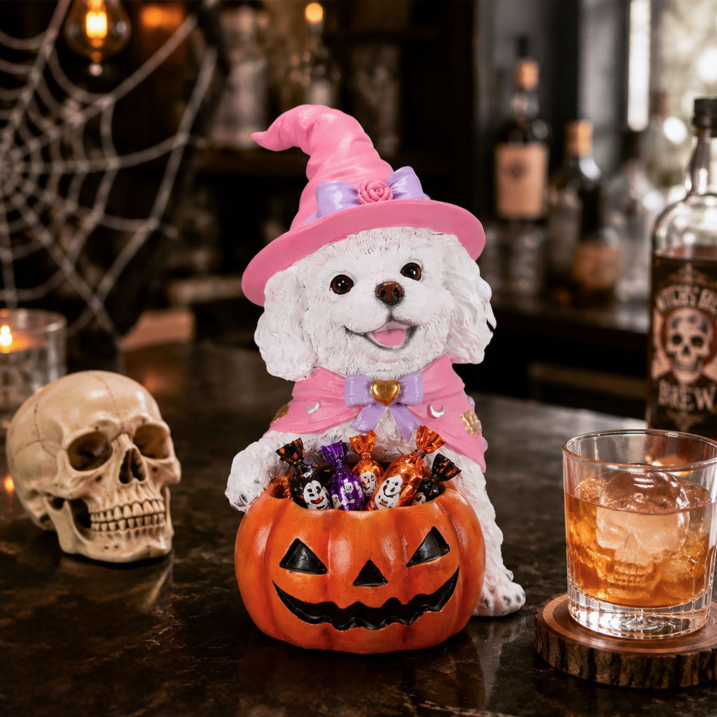 Halloween White Teddy Puppy Figurine, Witch Dog Holding Pumpkin Candy Bowl Decoration