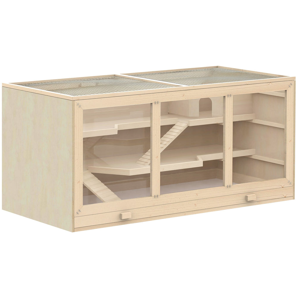 Hamster Cage 3 Tiers Wooden Big Habitat Mice Rat Exercise Play House Pen Opening Roof Ramps