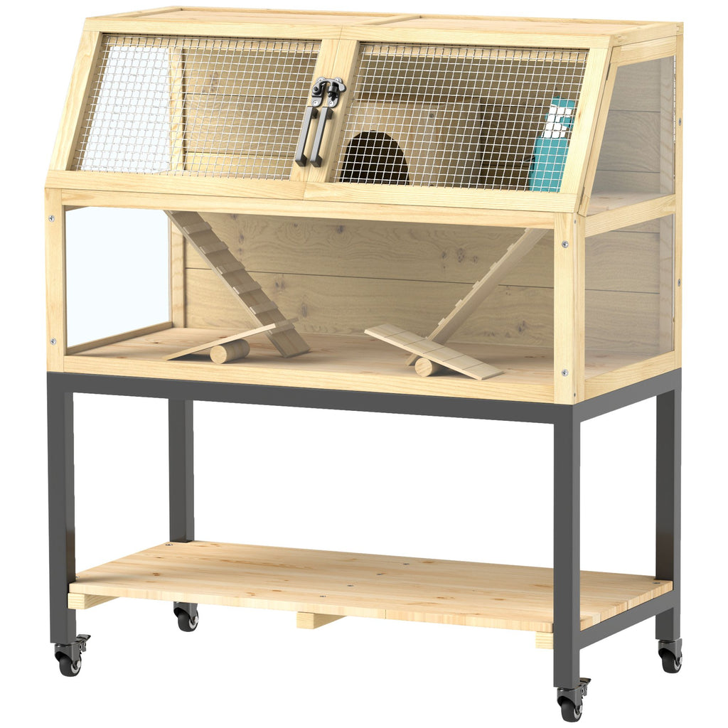 Hamster Cage on Wheels w/ Storage Shelf, Seesaws, Water Bottle, Hut & Ramps, for Dwarf, Gerbil, Syrian Hamster, Mouse