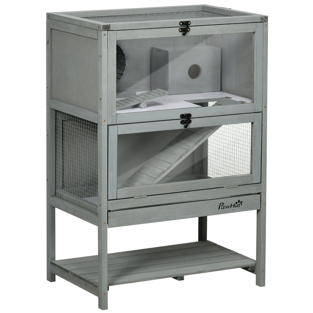 Hamster Cage Wooden 2-Tier Small Animal Hutch Exercise Playhouse Grey