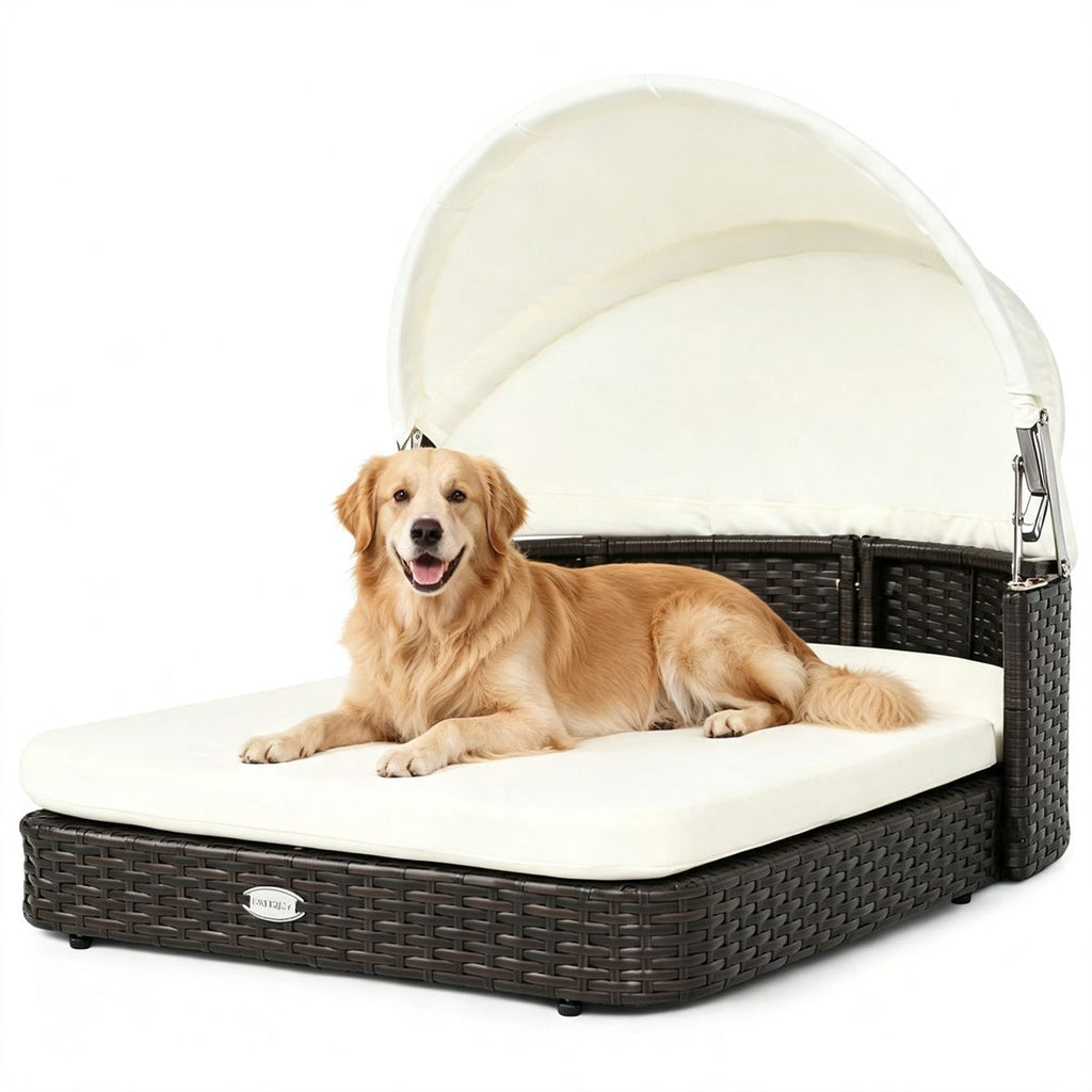 Hand-Woven PE Rattan Dog Bed with Adjustable Canopy, Elevated Outdoor Pet Daybed with Washable Plush Cushion, Anti-Slip Breathable Pet Shelter for Indoor Patio Garden-White