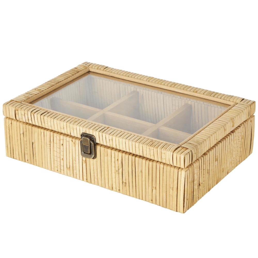 Handmade Wrapped 6 Slot Brown Rattan Decorative Jewelry Box with Tempered Glass Top