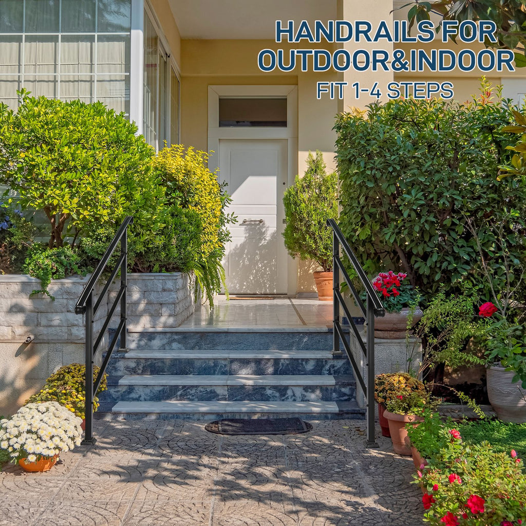Handrails for Outdoor Steps, Wrought Iron Handrail Fits 1 to 4 Steps, Transitional Handrail with Installation Kit, Black