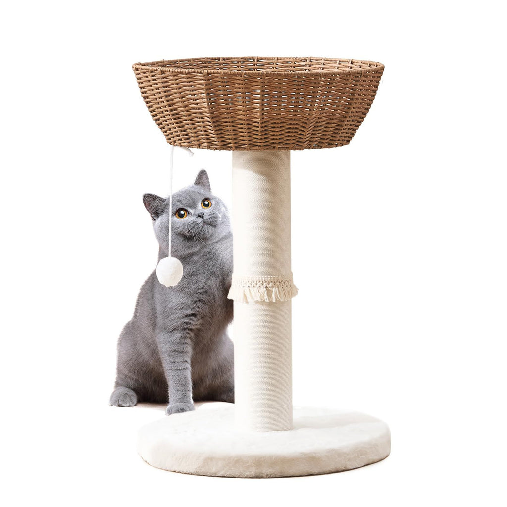 Handwoven Cat Tree Tower - Natural Material Cat Condo with Nest Basket Bed, Cotton Scratching Post, Hanging Toy Ball & 2-Side Cushion Top Perch (Rattan)