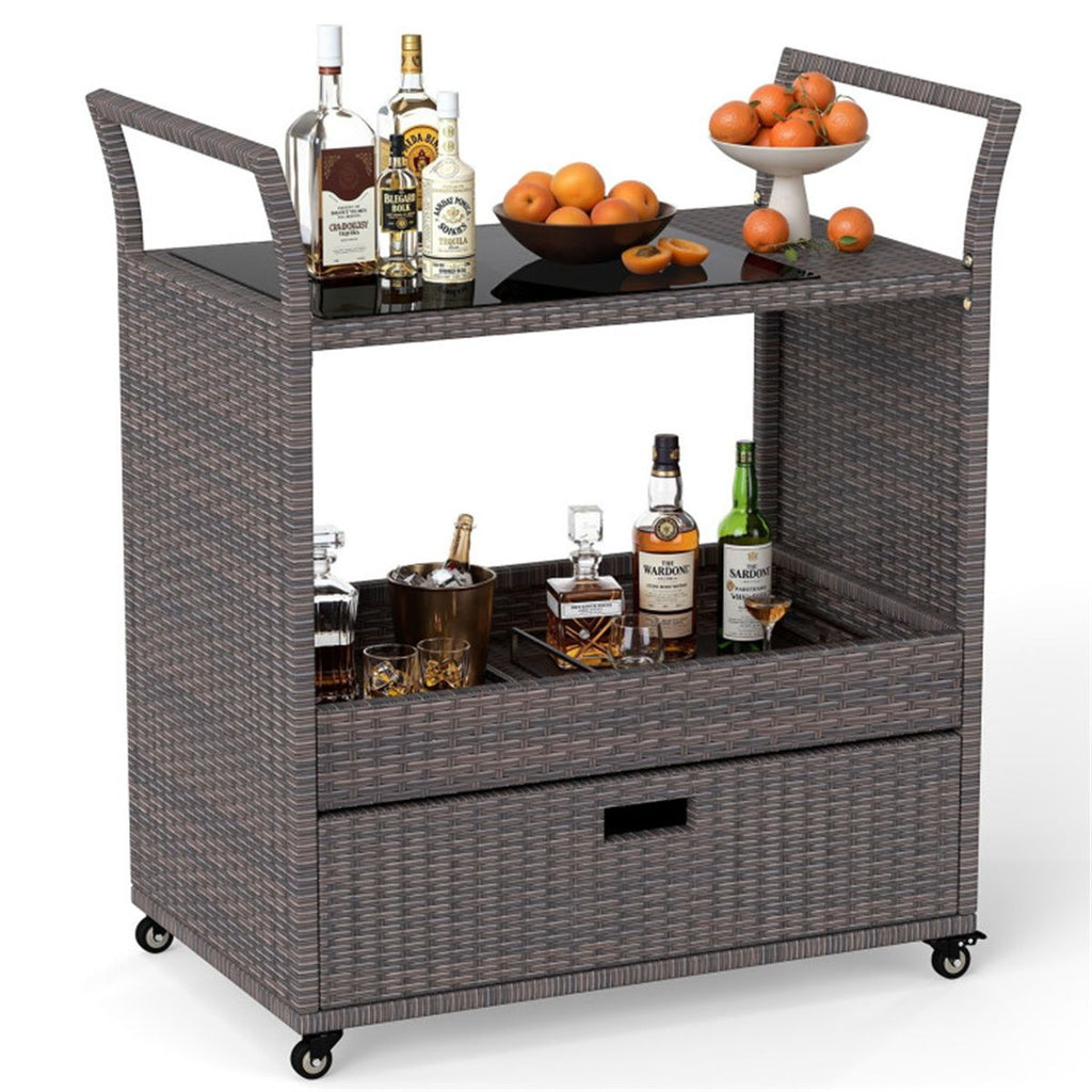 Handwoven PE Rattan Outdoor Bar Cart with Tempered Glass Top & Drawer, 4 Wheels with Brakes Serving Cart for Patio