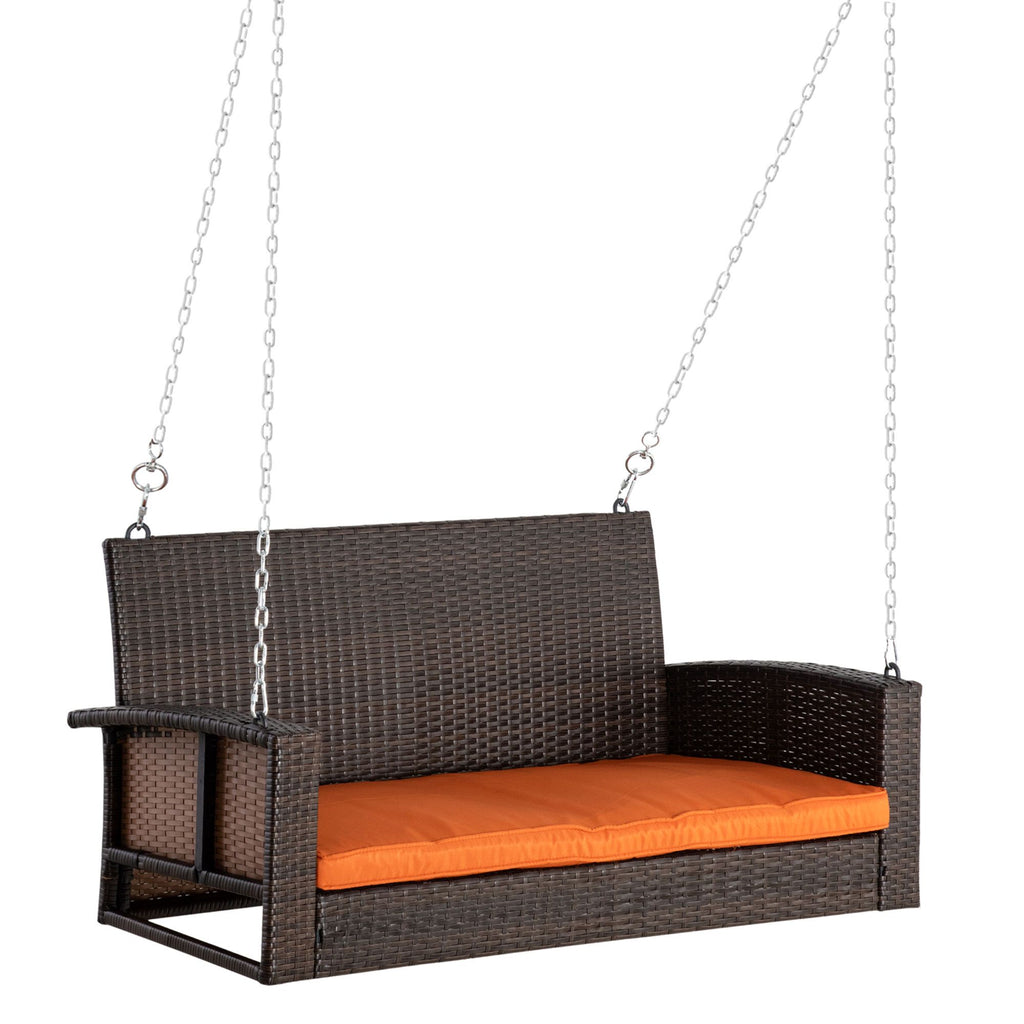 Hanging Wicker Porch Swing Bench 2-Person Outdoor Chair with Cushions 550lbs Capacity Tangerine