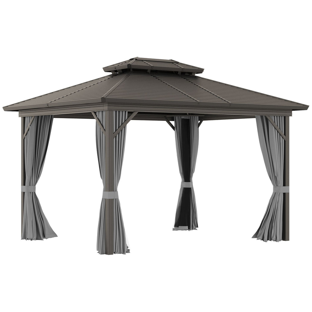 Hardtop Gazebo 10x12 ft Aluminum Frame Metal Roof w Curtains Netting for Garden Patio Gray