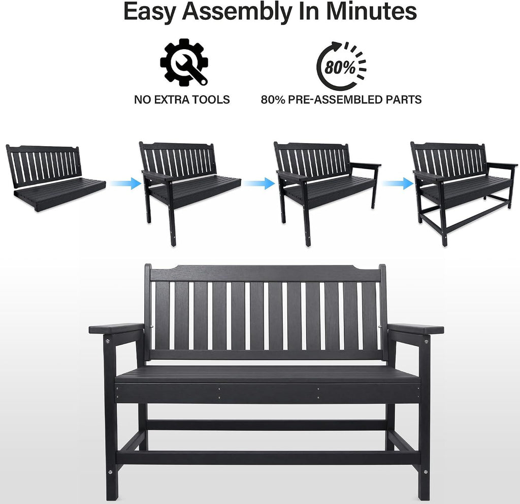 HDPE Outdoor Bench, Weather-Resistant Patio & Porch Bench With Aluminum-Reinforced Frame, 560 Lbs Weight Capacity, Low-Maintenance Garden Bench For Backyard, Deck & Lawn