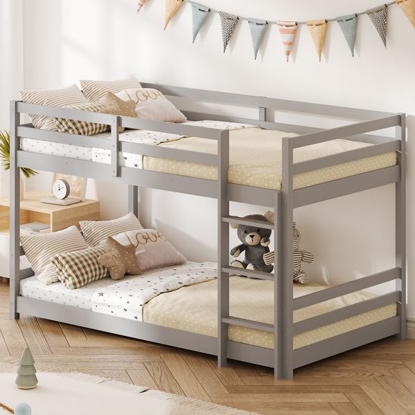 Head and foot horizontal support guardrails, gray painted finish, pine wood, Twin size children's wooden bed, with straight ladder, can be separated into single or double beds