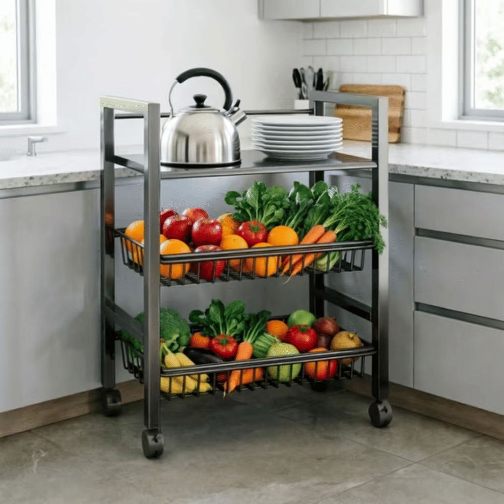 Heavy-Duty 3-Tier Storage Kitchen Cart with 2 Detachable Mesh Baskets, Metal Storage Organizer Rolling Rack