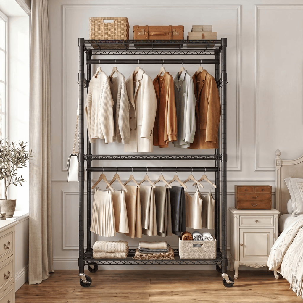 Heavy Duty Closet Garment Rack,3-Tier Adjustable Metal Freestanding Clothes Rack with 2 Rods and Side Hooks,Wheels,15.7" D x 29.5" W x 74.5" H,Black