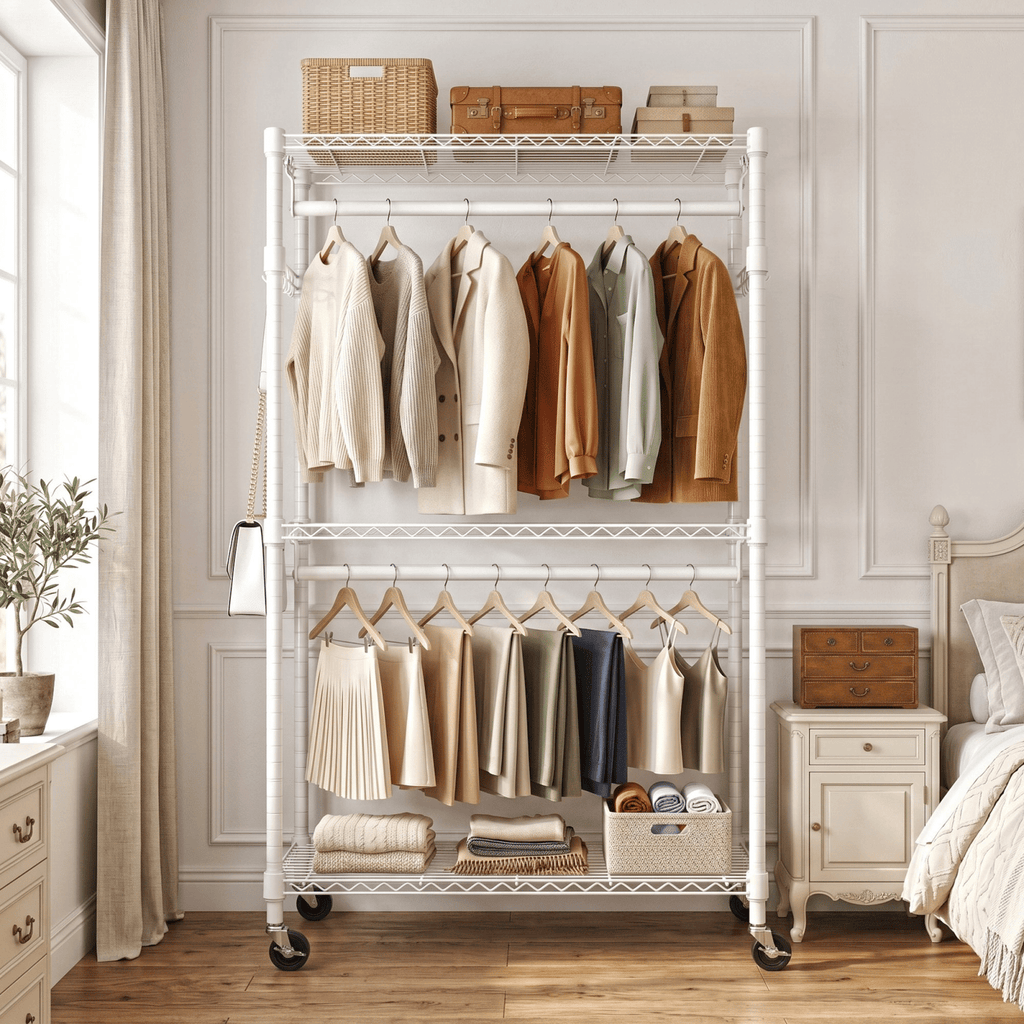 Heavy Duty Closet Garment Rack,3-Tier Adjustable Metal Freestanding Clothes Rack with 2 Rods and Side Hooks,Wheels,15.7" D x 29.5" W x 74.5" H,White