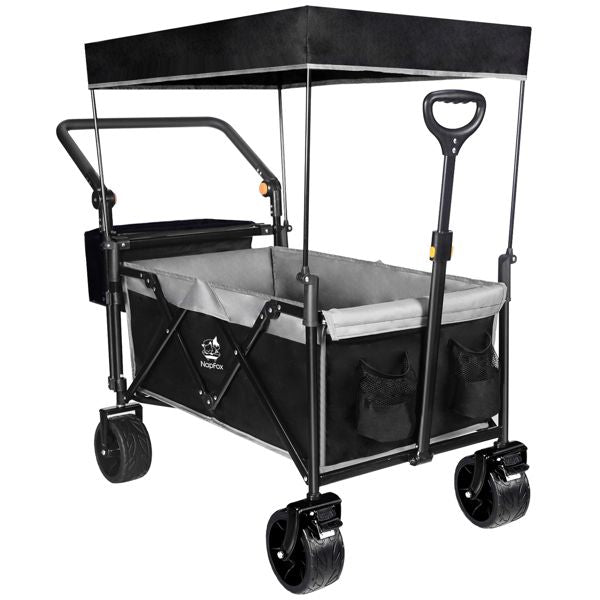 Heavy Duty Collapsible Wagon, Foldable Wagon with Removable Canopy, Foldind Wagon Cart with Wheels for All-Terrain with Brake, for Beach Camping Shopping