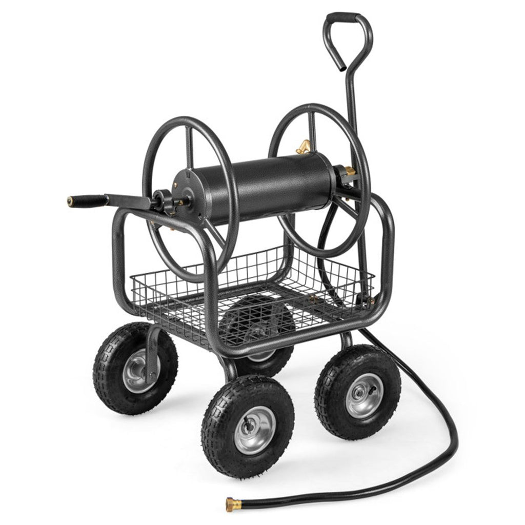Heavy Duty Garden Hose Reel Cart with 10" Pneumatic Wheels, Large Capacity Hose Winder with Storage Basket & Brass Fittings -Gray