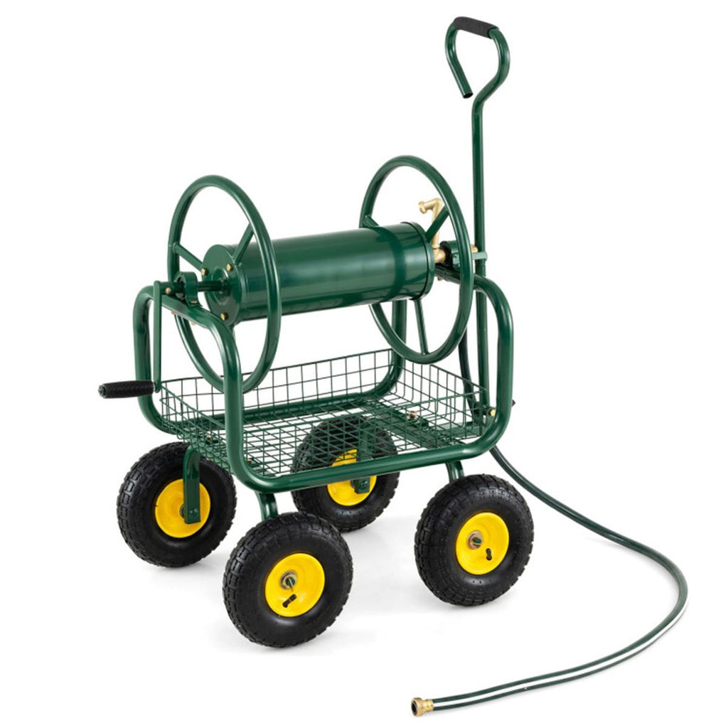 Heavy Duty Garden Hose Reel Cart with 10" Pneumatic Wheels, Large Capacity Hose Winder with Storage Basket & Brass Fittings -Green
