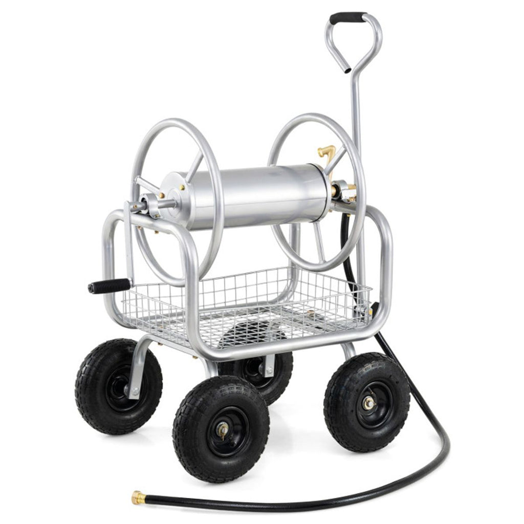 Heavy Duty Garden Hose Reel Cart with 10" Pneumatic Wheels, Large Capacity Hose Winder with Storage Basket & Brass Fittings -Silver