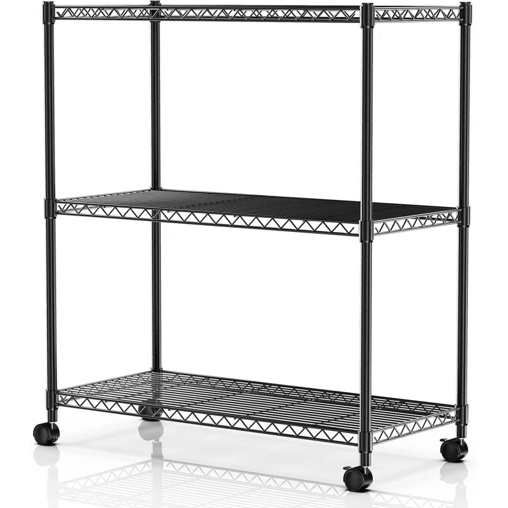 Heavy Duty MetalStorageShelving Unit with Wheels, 3 Tier Wire Rack, 750 lbs Load Capacity, 24"x14"x30", Black