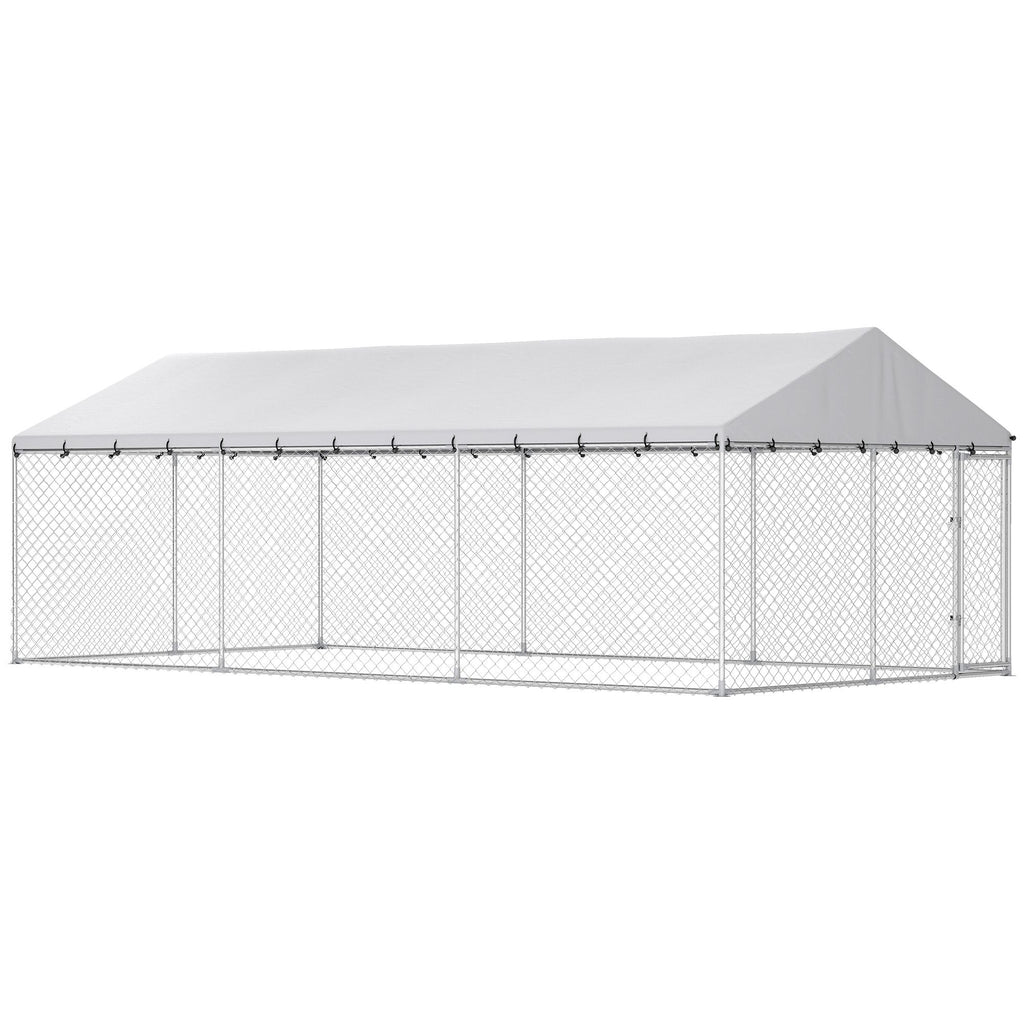 Heavy Duty Outdoor Dog Kennel with Waterproof Roof, 2 Secure Latches, Chain Link Dog Run for Backyard, 20' x 10' x 7'