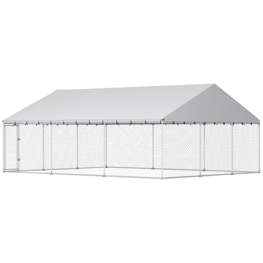 Heavy Duty Outdoor Dog Kennel with Waterproof Roof, 2 Secure Latches, Chain Link Dog Run for Backyard, 20' x 15' x 8'