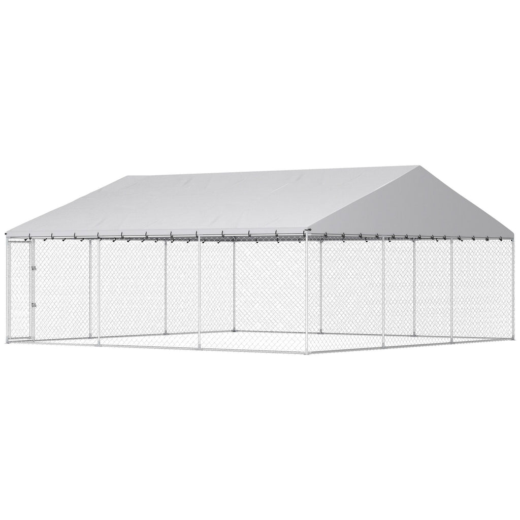 Heavy Duty Outdoor Dog Kennel with Waterproof Roof, Secure Latch, Chain Link Dog Run for Backyard, 19.7' x 19.7' x 8.9'