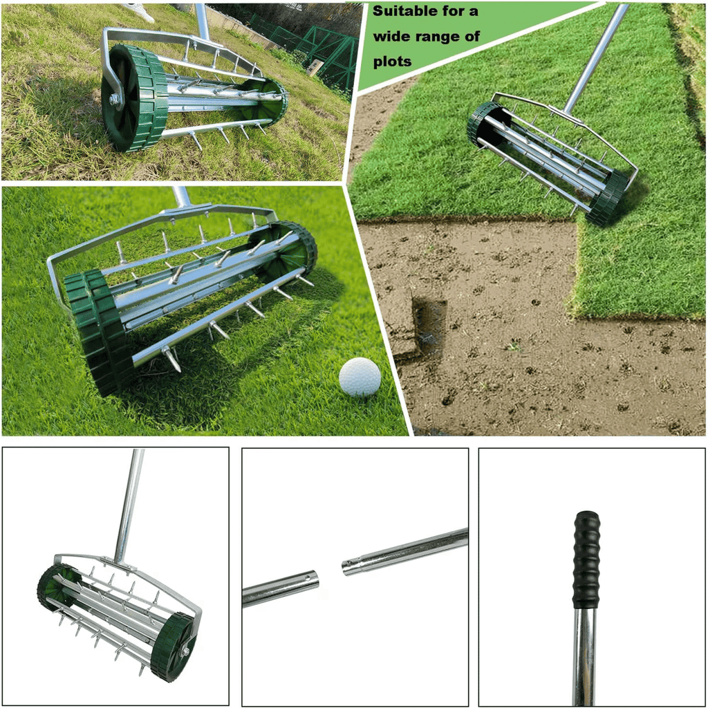 Heavy Duty Rolling Lawn Aerator, Rotary Push Tine Spike Soil Lawn Aerator Gardening Tool with 3-Piece Long Steel HandleforGardenYard Grass Maintenance,GardenYard Rotary Push