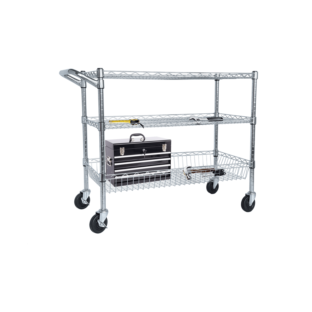 Heavy Duty Rolling Utility Cart,3 Tier Rolling Carts with Wheels,with Handle Bar & Shelf Liners,36"x18"x32"Storage Cart for Kitchen,Restaurant,Plant Display,Chrome