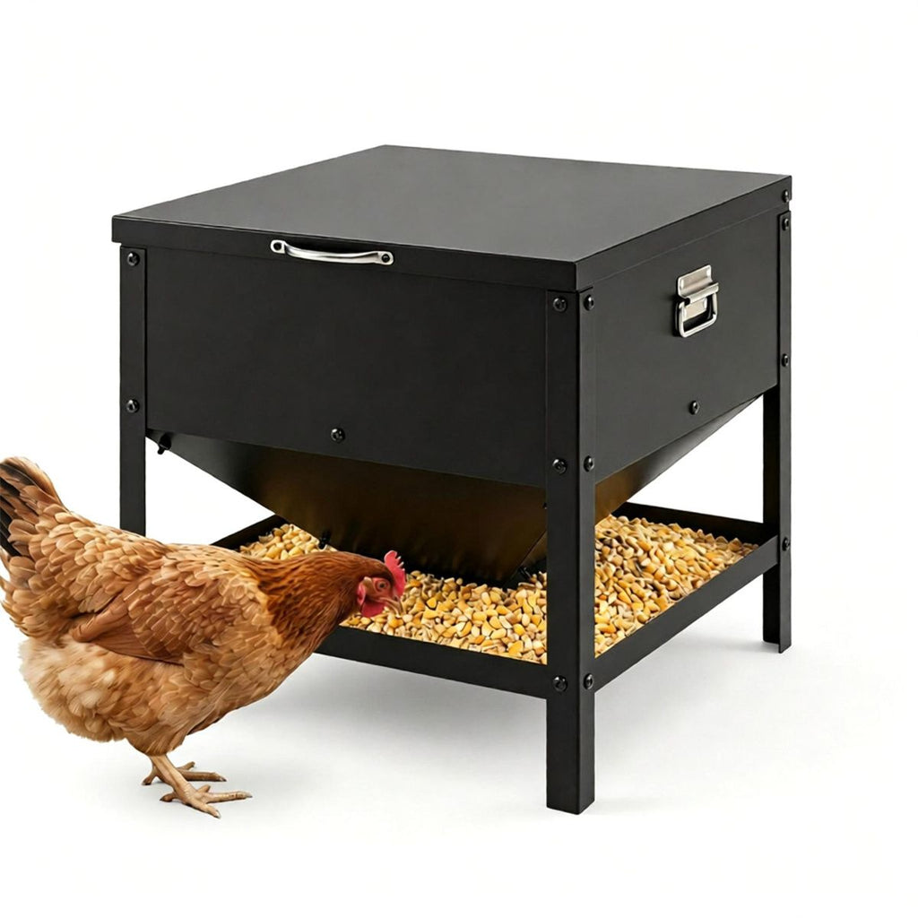 Heavy Duty Stainless Steel Chicken Feed Hopper with Lift Top Cover, Raised Legs Spill-Proof Poultry Feeding Box for Backyard Flock Low Refill Frequency