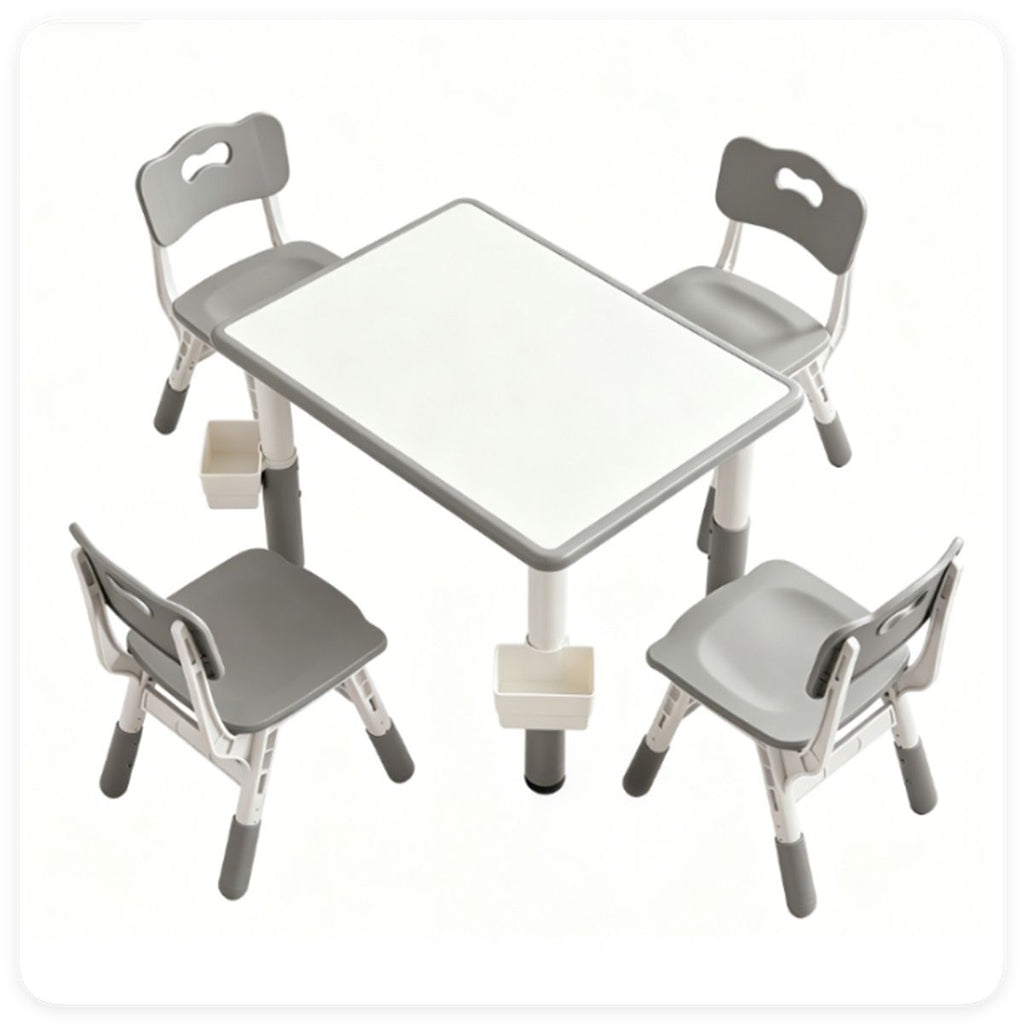 Height Adjustable Kids Desk and 4 Chairs Set, Graffiti Wipeable Tabletop Toddler Activity Table with Storage Baskets