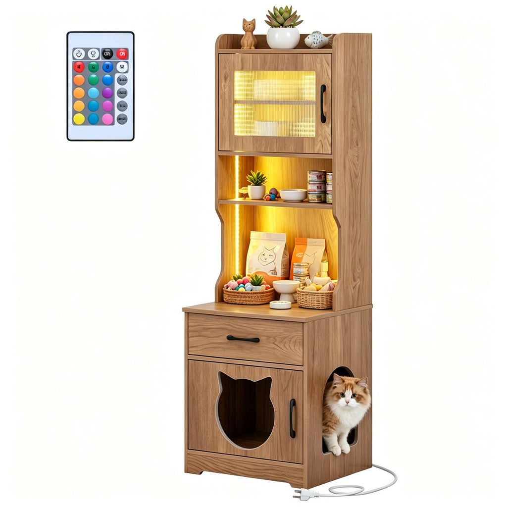 Hidden Cat Litter Box Enclosure with RGB LED Light & Power Outlet Station, MultiPurpose Cat House Furniture with Drawer & Cabinet Storage, AntiTip Pet Washroom Cabinet for Home Use - Natural