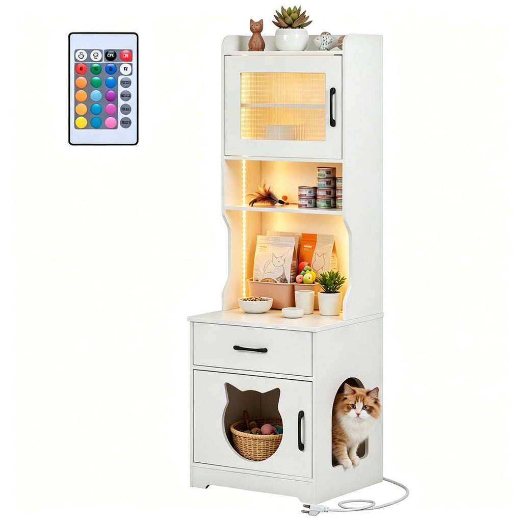 Hidden Cat Litter Box Enclosure with RGB LED Light & Power Outlet Station, MultiPurpose Cat House Furniture with Drawer & Cabinet Storage, AntiTip Pet Washroom Cabinet for Home Use - White