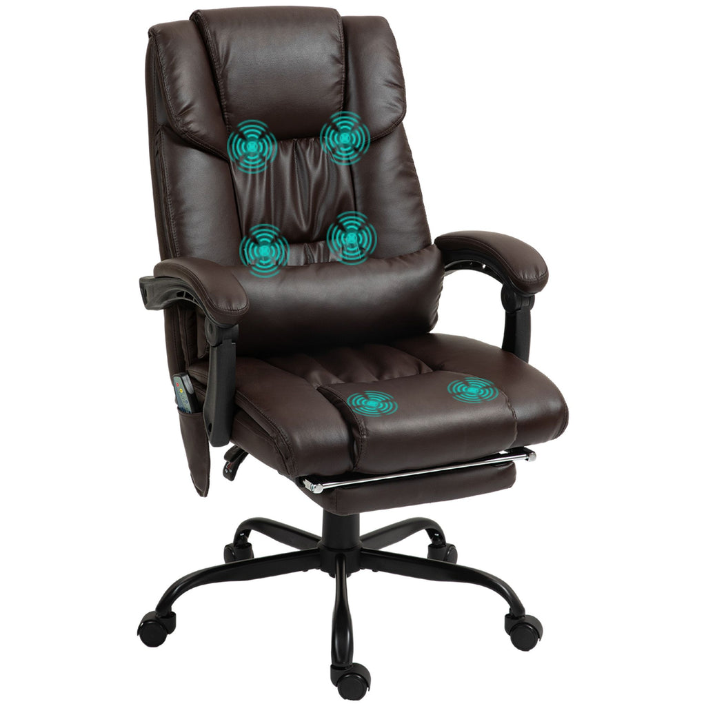 High Back PU Leather Massage Office Chair, 6 Vibration Points, Ergonomic with Footrest, Adjustable Height, Remote, Brown