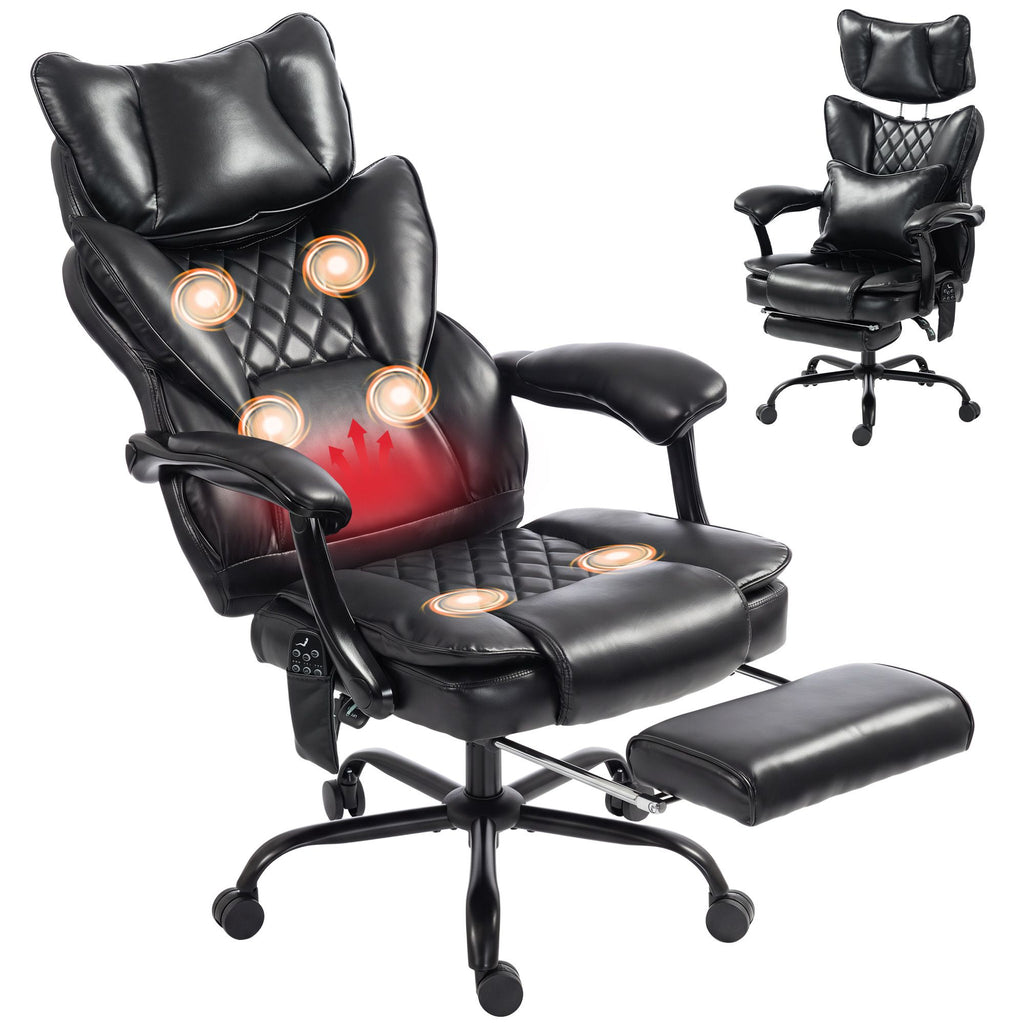 High Back Vibration Massage Office Chair, Heated Reclining PU Leather Computer Chair with Headrest, Black