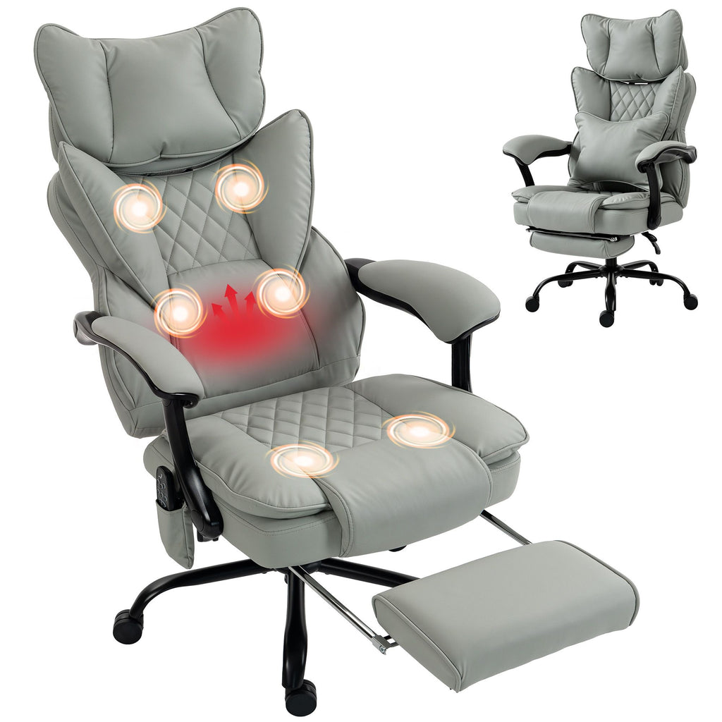 High Back Vibration Massage Office Chair, Heated Reclining PU Leather Computer Chair with Headrest, Gray