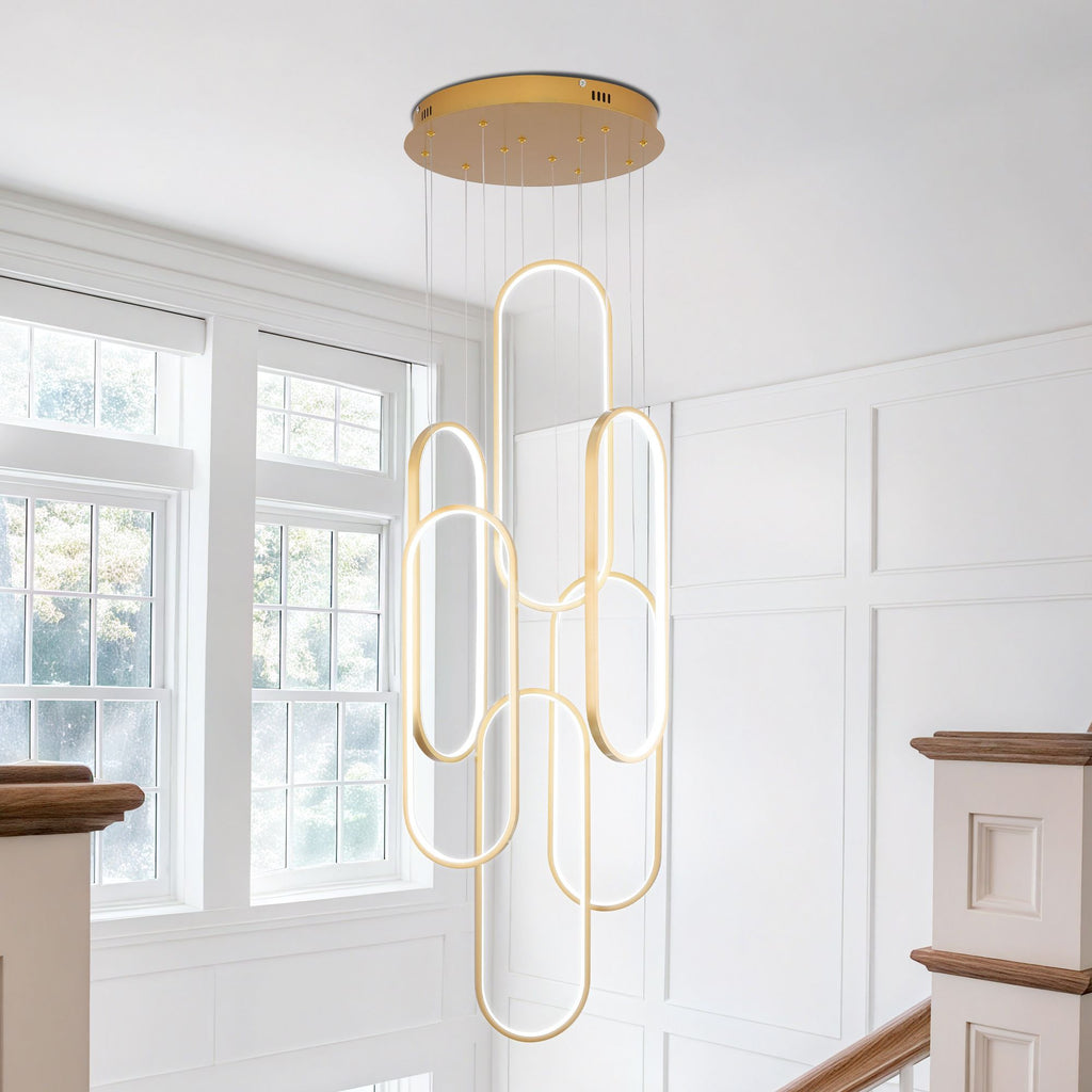 High Ceiling Chandelier Modern LED Ring Pendant Light 3 Color Dimmable Gold Chandeliers Contemporary 78in Hanging Light Fixture with Remote Control for Foyer Entryway Staircase