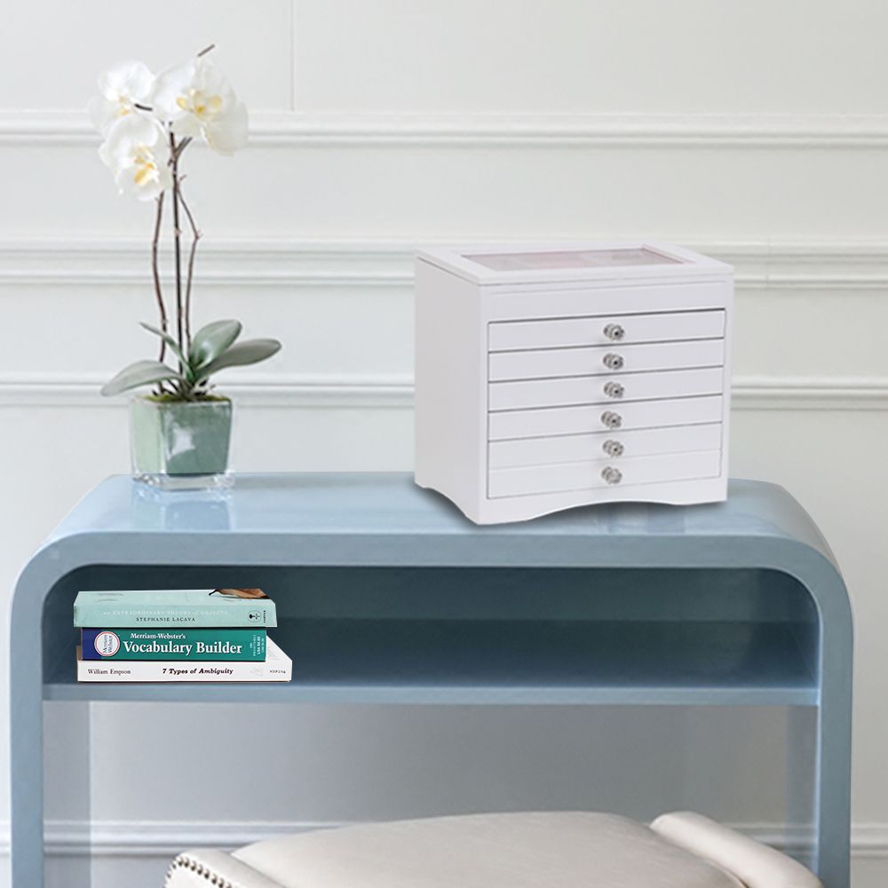 High Large Gloss Wooden Jewellery Box Armoire Bracelet Organizer Storage 5 Layers Glass White--YS