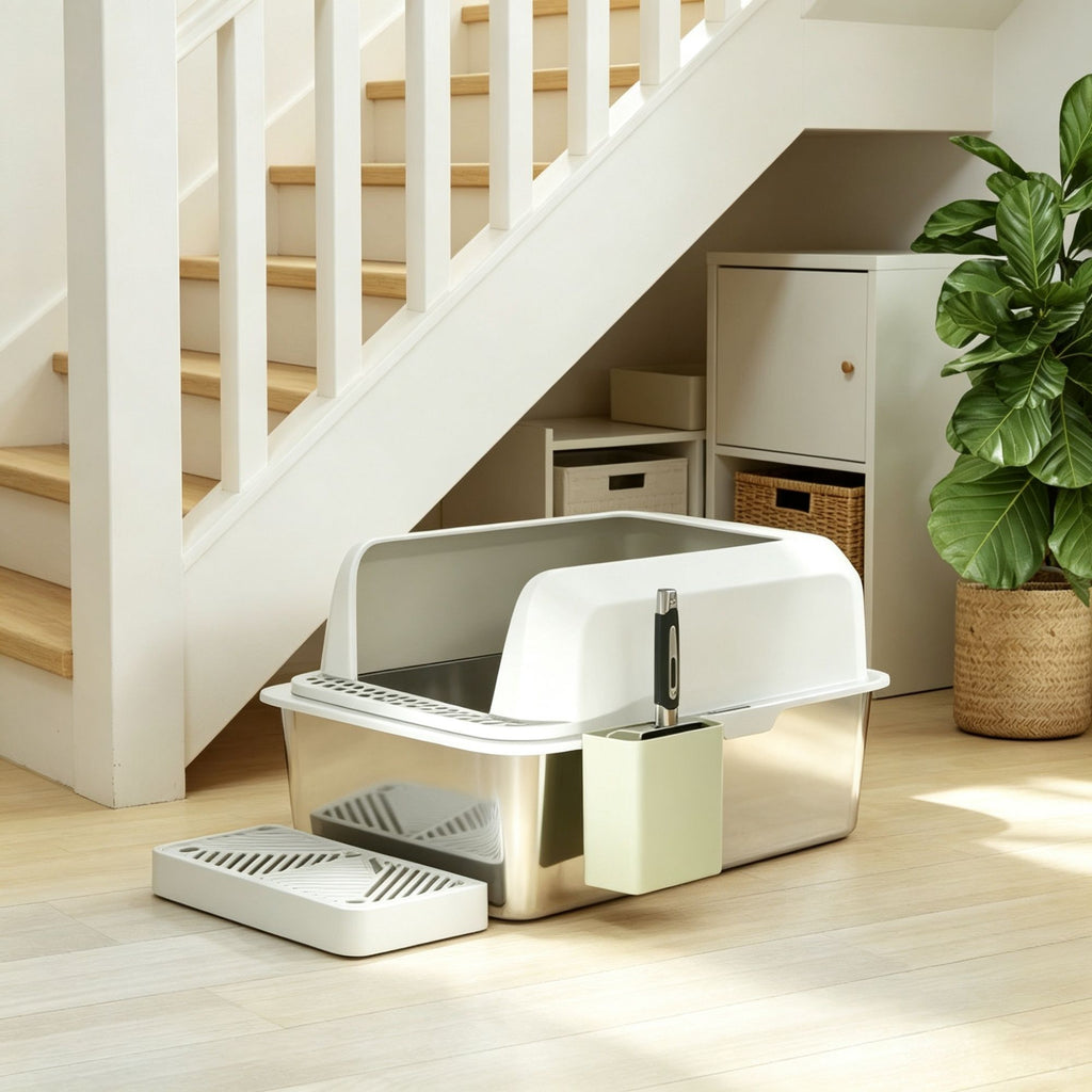 High Sided Stainless Steel Litter Box Anti-Urine Leakage, Non-Sticky, Complete with Metal Scoop & Scoop Holder