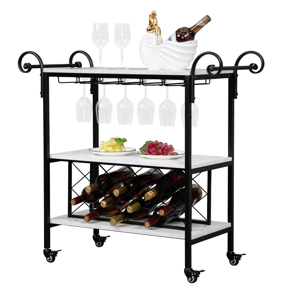 HODELY Two-Layer Double Armrest Diamond Wine Bottle Layer 1.5mm Thick Density Board Imitation Marble Movable Iron Wood Wine Cart YF