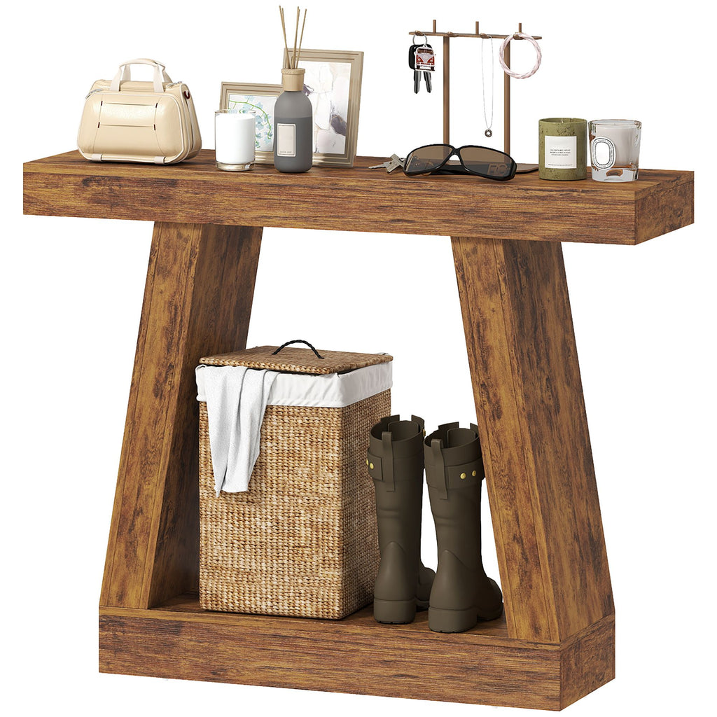 HOMCOM 42" Farmhouse Console Table, 2-Tier Entryway Table with Storage for Hallway, Living Room, Behind Couch, Rustic Brown